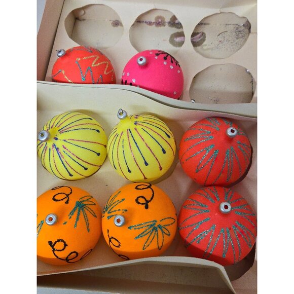 Vintage 8 Silvestri 2.5" Glass Ornaments Bright Pink Orange Yellow Glitter Embel
